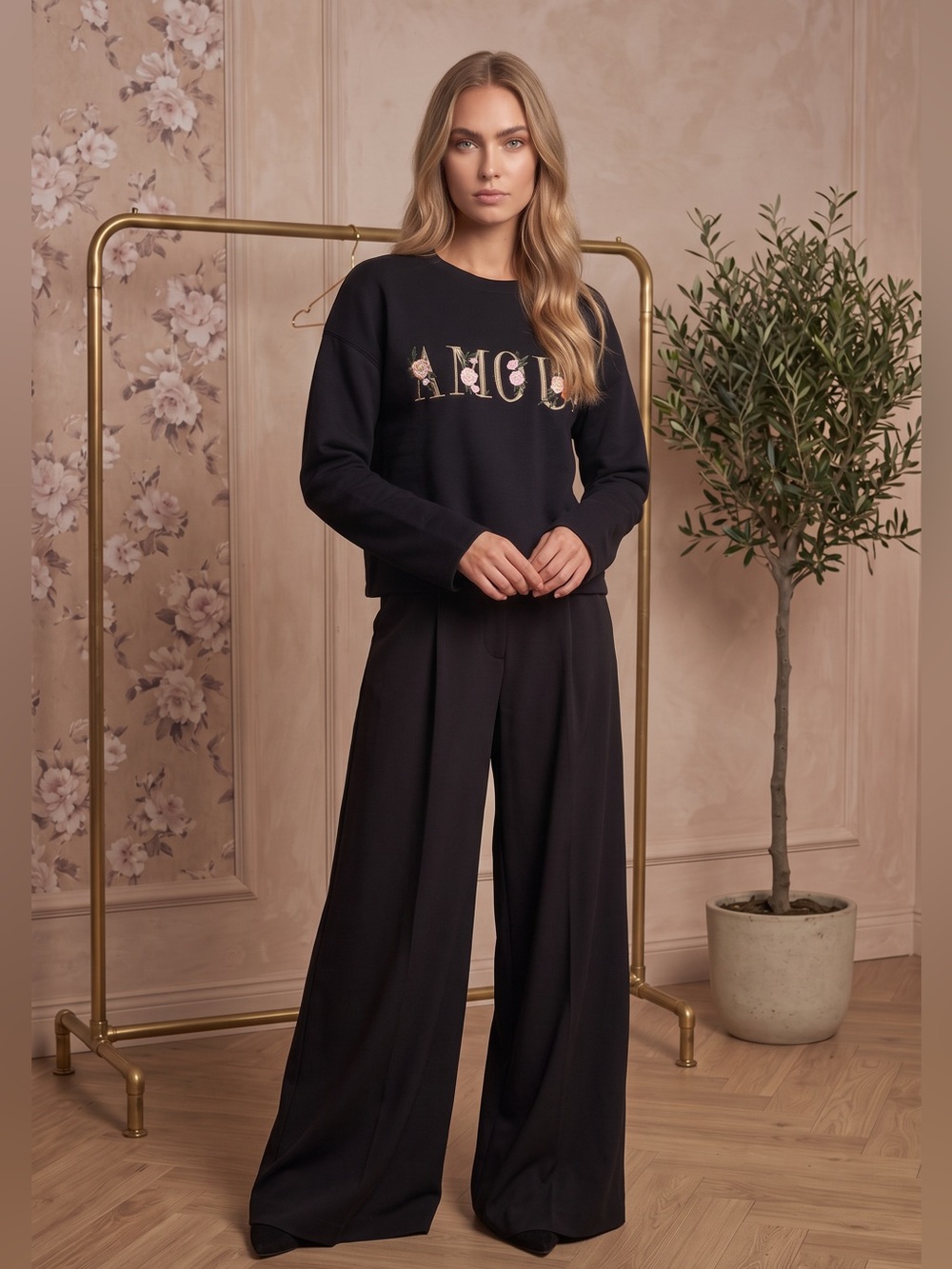ShopEvelynne Black Sweater with Gold & Pink Floral 'AMOUR' Embroidery